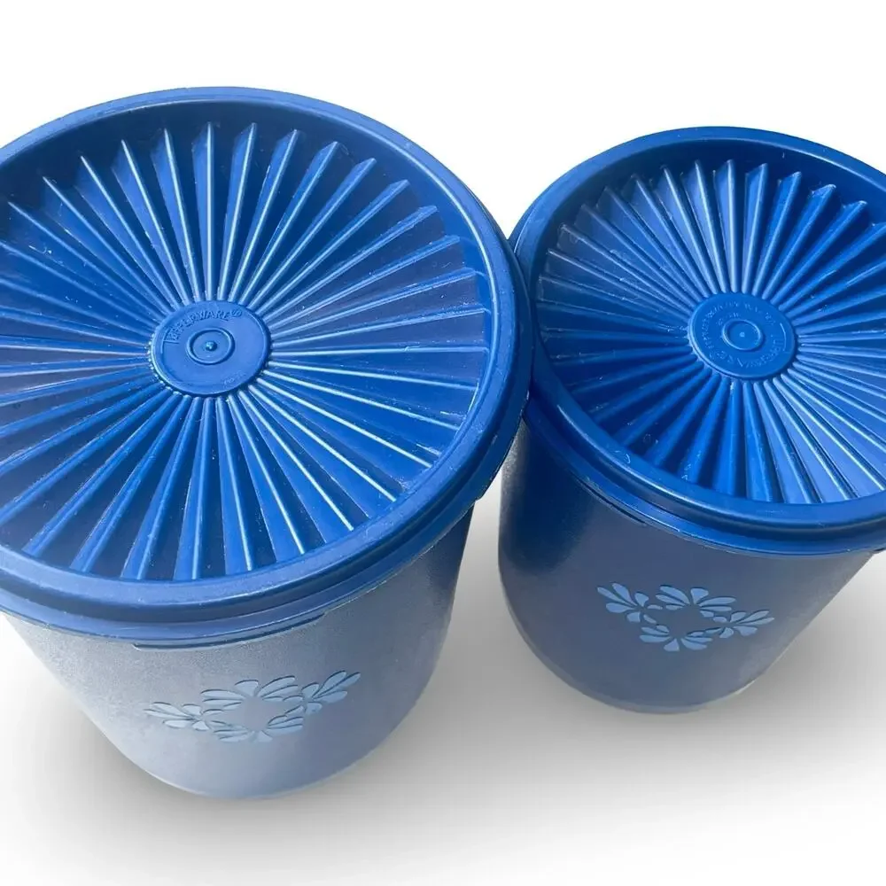 Tupperware Servalier Nesting Canister Set x2 Blue Floral Medallion 809 811 VTG